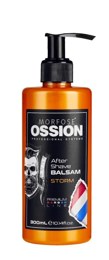 En 300 ml flaska Ossion After Shave Balsam Storm har en orange design med en svart pump och en skäggig man i solglasögongrafik, inklusive holländska flaggafärger, perfekt för Golaans kvalitetsentusiaster från Sverige.