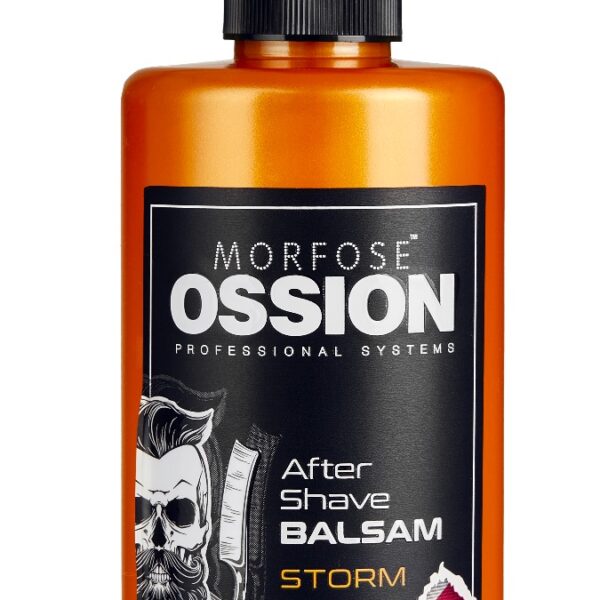 En 300 ml flaska Ossion After Shave Balsam Storm har en orange design med en svart pump och en skäggig man i solglasögongrafik, inklusive holländska flaggafärger, perfekt för Golaans kvalitetsentusiaster från Sverige.