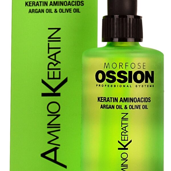 En 100 ml flaska Ossion Amino Keratin Hair Care Oil, idealisk för både kvinnor och män, med keratinaminosyror, arganolja och olivolja. Passar alla hårtyper.