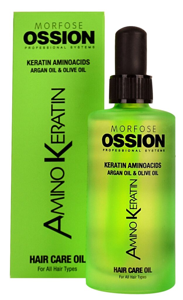 En 100 ml flaska Ossion Amino Keratin Hair Care Oil, idealisk för både kvinnor och män, med keratinaminosyror, arganolja och olivolja. Passar alla hårtyper.