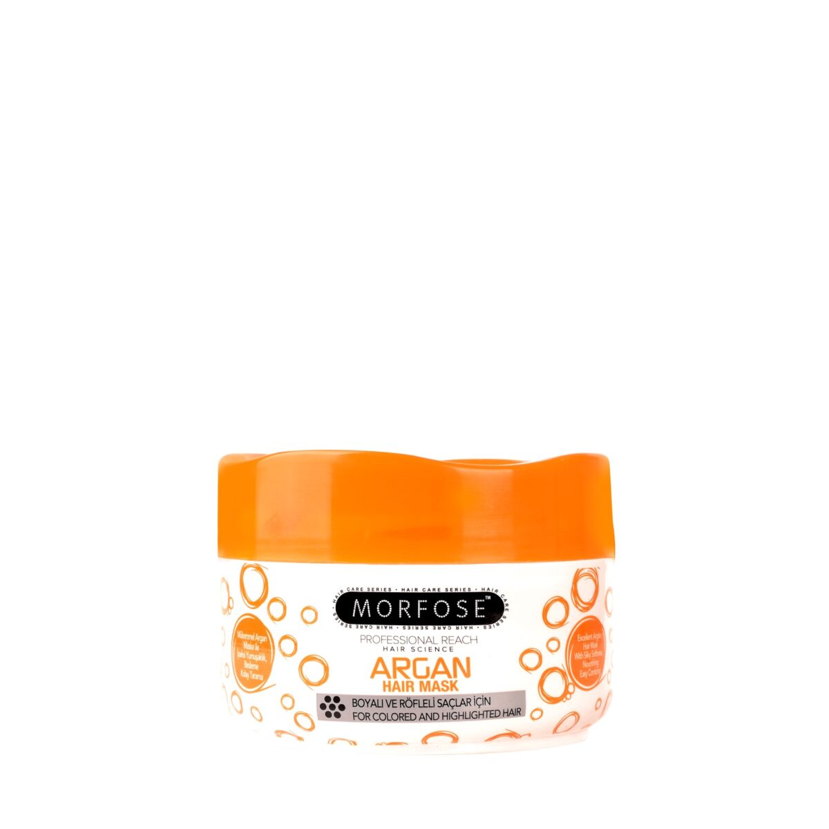 "Morfose Argan Hair Mask 500ml" kommer i en vit burk med orange lock och etikett med bubblor. Designad för färgat och markerat hår, det är en framstående produkt för kvinnor från Golaan Sverige.