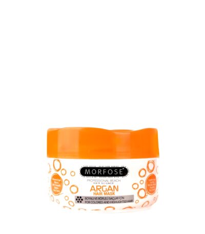 "Morfose Argan Hair Mask 500ml" kommer i en vit burk med orange lock och etikett med bubblor. Designad för färgat och markerat hår, det är en framstående produkt för kvinnor från Golaan Sverige.