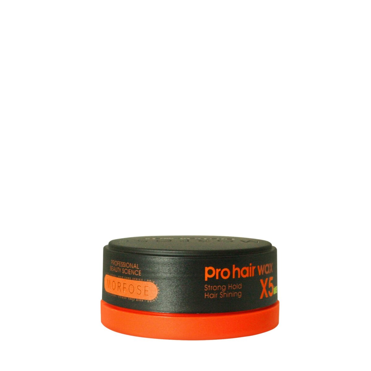 Behållare med Morfose Pro Hair Gel Wax Strong Hold X5 150ml med svart lock och orange bas. Texten lyder "Professional Beauty Science Morfose, Strong Hold Hair Shining" som passar både män och kvinnor.