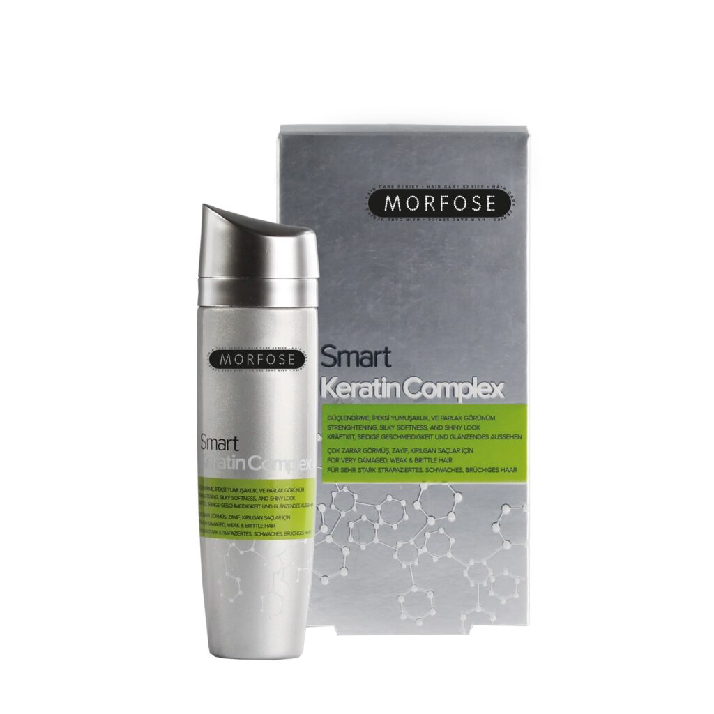 Morfose Smart Keratin Complex Hair Treatment Oil 100ml, en premium hårprodukt för män, kommer i en silverflaska med en grön och svart etikett och är förpackad i en kartong från Golaan Sverige med molekylär grafik och produktinformation.