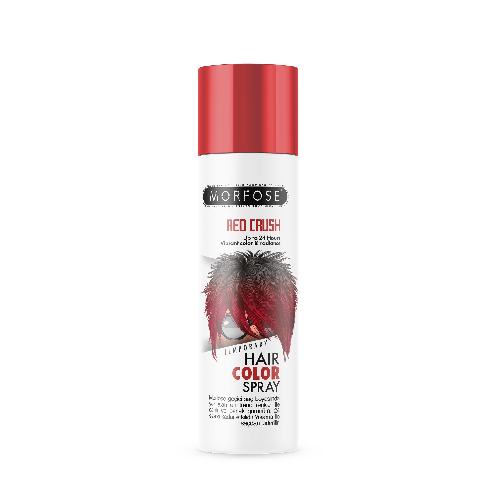 Morfose Hair Color Spray Red 150 ml flaska för kvinnor har en djärv röd lock med en illustration av rödmarkerat hår. Denna hårprodukt erbjuder livfull färg som varar upp till 24 timmar, perfekt för Golaan-äventyr.