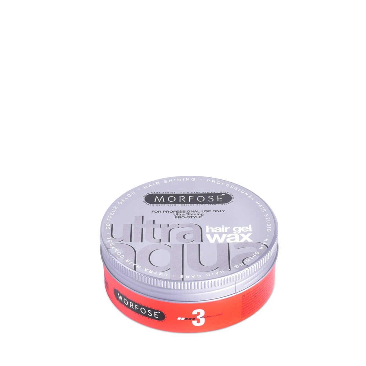 En röd och silverfärgad Morfose Ultra Aqua Hair Gel Wax 150 ml behållare visas, med en "3" i en vit cirkel längst ner. Locket läser "Endast för professionellt bruk" på engelska och franska, perfekt för män som söker premiumstyling.