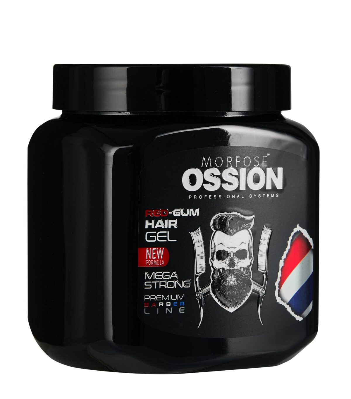 Den svarta 750 ml-behållaren med Ossion Premium Barber Hair Gel Red, säljs av Golaan Sverige, har en design med frisörtema med sax och en klippare, plus ett holländskt flaggmotiv. Denna "mega starka" hårprodukt riktar sig till professionella frisörer.