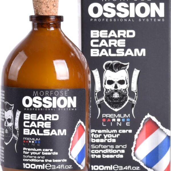 En 100 ml flaska Ossion Beard Care Balsam med ett korklock står bredvid lådan. Förpackningen innehåller en skäggig man med sax och en kam, vilket framhäver den som en premium hårprodukt för man, designad för att mjuka upp och konditionera skägg.