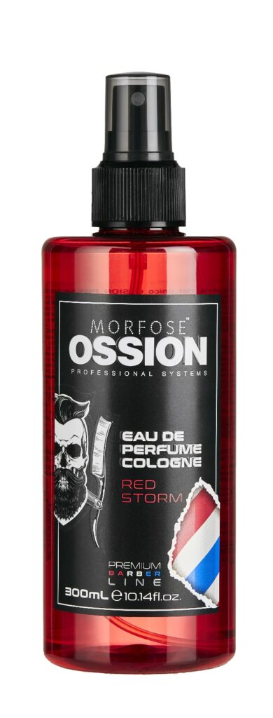 En röd flaska Ossion Premium Barber Spray Cologne Impact, 300 ml, perfekt för hårproduktfantaster. Designen har en frisörgrafik och fransk flagg-inspirerad swatch, som speglar Golaan Sveriges hantverk.