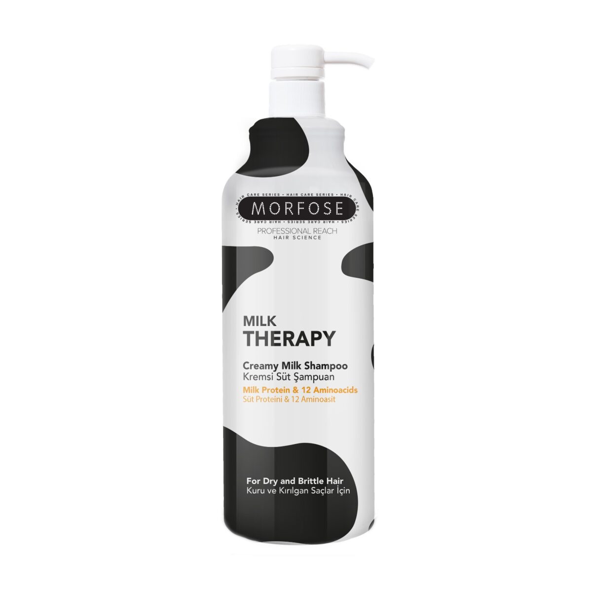 En 1000 ml flaska Morfose Milk Therapy Creamy Shampoo, perfekt för kvinnor med torrt, sprött hår. Den innehåller mjölkprotein och 12 aminosyror. Den eleganta svartvita flaskan har engelsk och turkisk text.