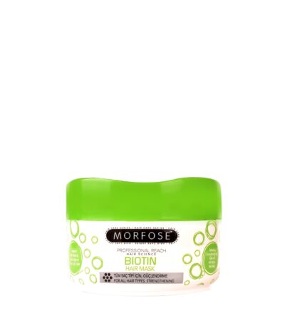 En 500 ml burk med Morfose Biotin Hair Mask från Golaan Sverige, med grönt lock, vit kropp med gröna cirkulära mönster, passar alla hårtyper och kön.