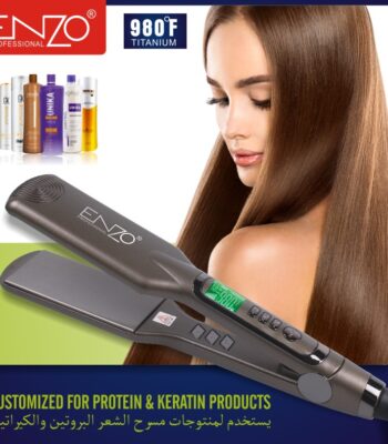 Bild på en svart Enzo Professional Plattång med en digital display som visar 980°F, perfekt för hårprodukter. Innehåller hårvårdsprodukter som framhäver dess användning i protein- och keratinbehandlingar. Mot en blå och grön bakgrund med reklamtext skräddarsydd för människan.