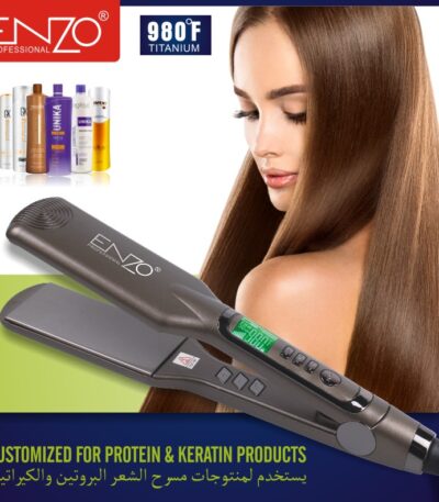 Bild på en svart Enzo Professional Plattång med en digital display som visar 980°F, perfekt för hårprodukter. Innehåller hårvårdsprodukter som framhäver dess användning i protein- och keratinbehandlingar. Mot en blå och grön bakgrund med reklamtext skräddarsydd för människan.